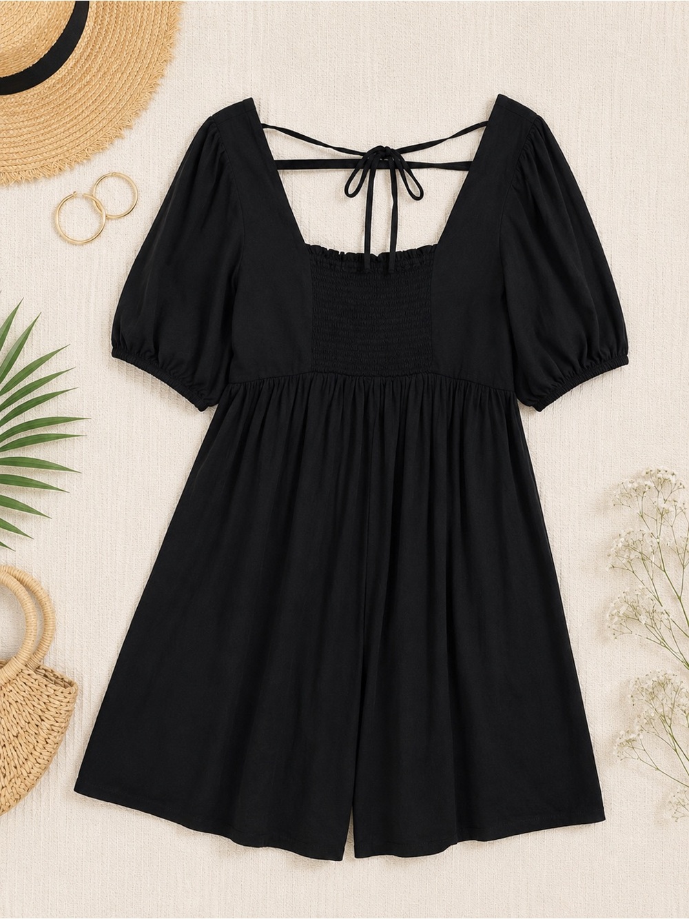 GAP Black Puff Sleeve Square Neck Mini Dress Smocked Back Size Medium